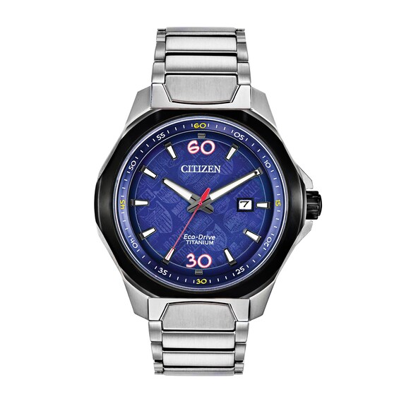Men's Citizen Eco-Drive® Marvel 80th Anniversary Super Titanium™ Watch with Blue Dial (Model: Aw1548-86W)