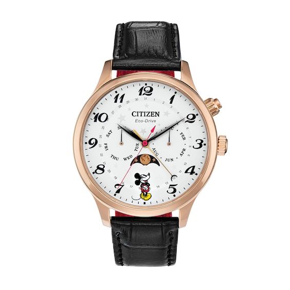 Citizen Eco-DriveÂ® Mickey Mouse Moon Phase Rose-Tone Strap Watch with White Dial (Model: Ap1053-15W)