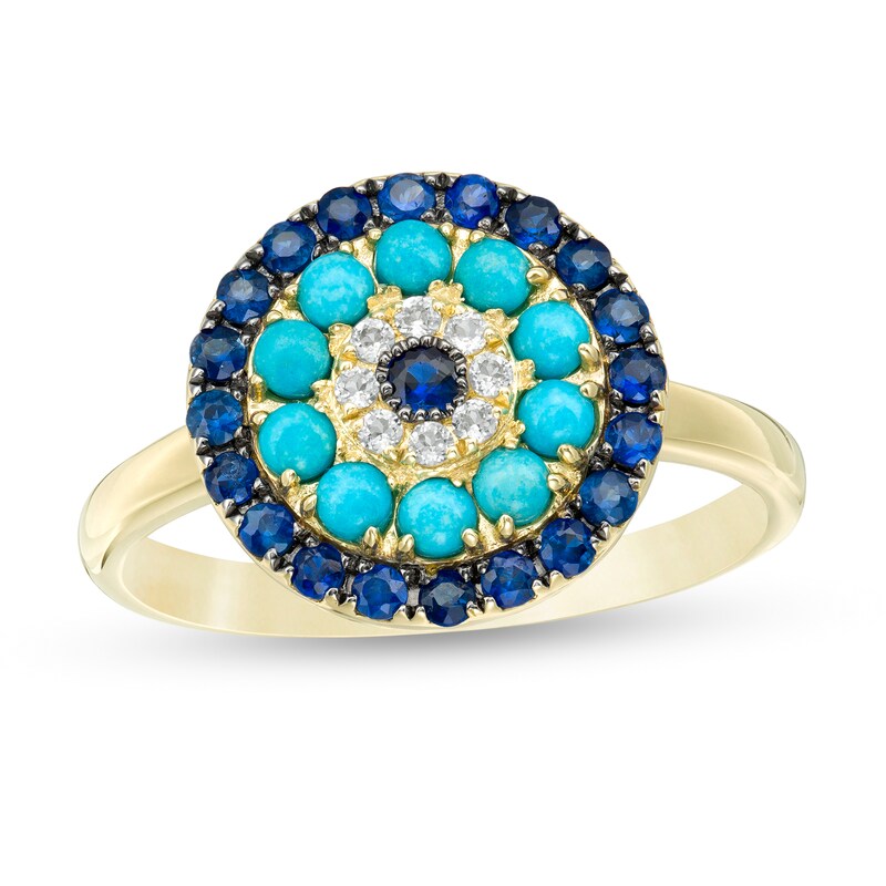 Main Image 1 of Turquoise, Blue Sapphire and White Topaz Halo Ring in 10K Gold