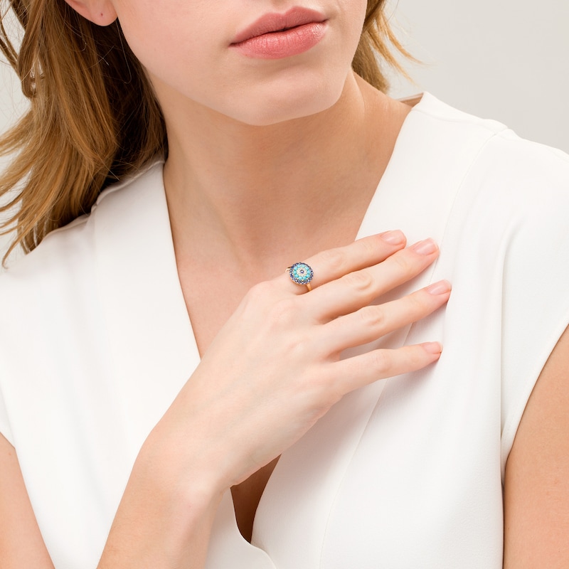 Turquoise, Blue Sapphire and White Topaz Halo Ring in 10K Gold