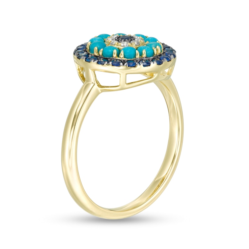 Turquoise, Blue Sapphire and White Topaz Halo Ring in 10K Gold