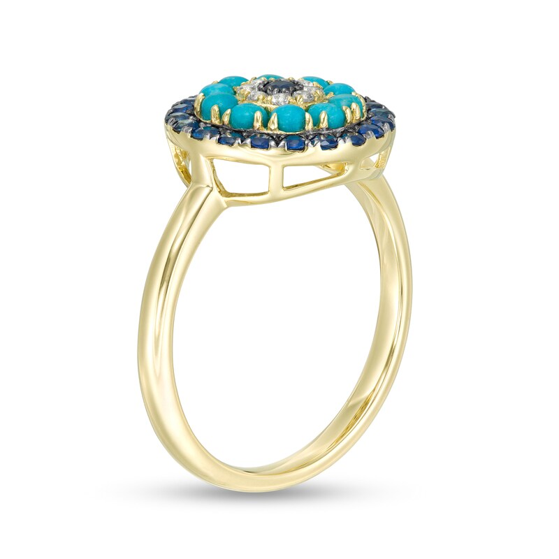 Main Image 3 of Turquoise, Blue Sapphire and White Topaz Halo Ring in 10K Gold