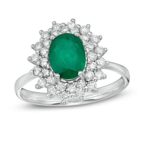 Oval Emerald and 1/2 CT. T.w. Diamond Starburst Frame Ring in 10K White Gold