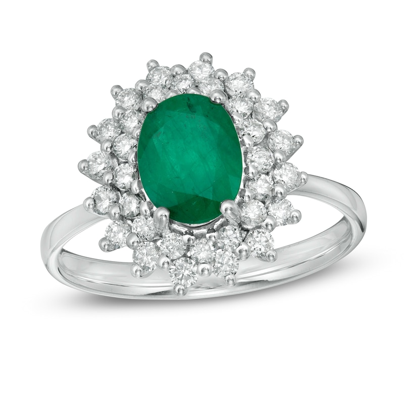 Main Image 1 of Oval Emerald and 1/2 CT. T.W. Diamond Starburst Frame Ring in 10K White Gold