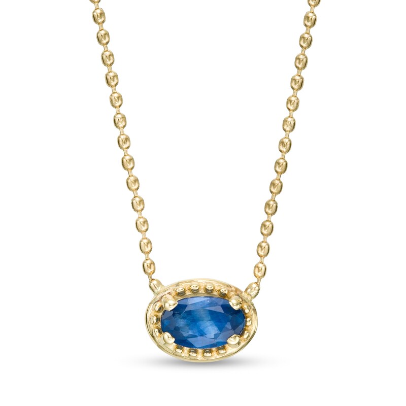Main Image 1 of Sideways Oval Blue Sapphire Beaded Pendant in 10K Gold