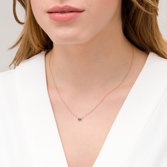 Sideways Oval Blue Sapphire Beaded Pendant in 10K Gold