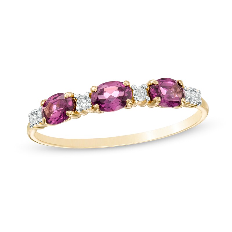 Main Image 1 of Sideways Oval Rhodolite Garnet and 1/15 CT. T.W. Diamond Ring in 10K Gold