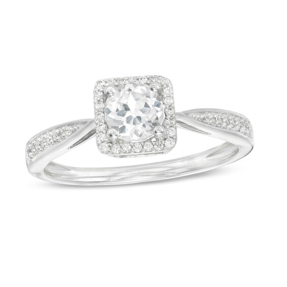 5.0mm Lab-Created White Sapphire and 1/8 CT. T.W. Diamond Square Frame Ring in Sterling Silver 5.0mm Lab-Created White Sapphire and 1/8 CT. T.W. Diamond Square Frame Ring in Sterling Silver
