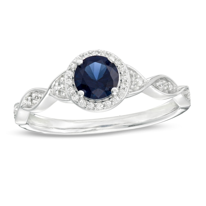 Main Image 1 of 5.0mm Lab-Created Blue Sapphire and 1/10 CT. T.W. Diamond Cascading Ring in Sterling Silver
