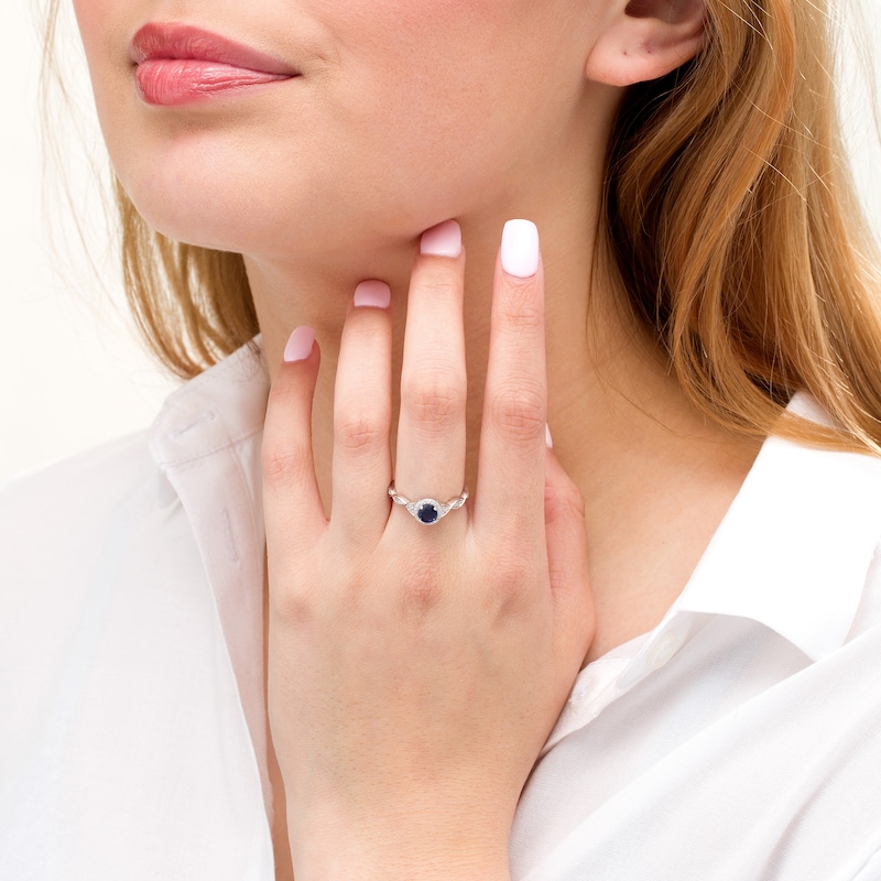 Main Image 2 of 5.0mm Lab-Created Blue Sapphire and 1/10 CT. T.W. Diamond Cascading Ring in Sterling Silver