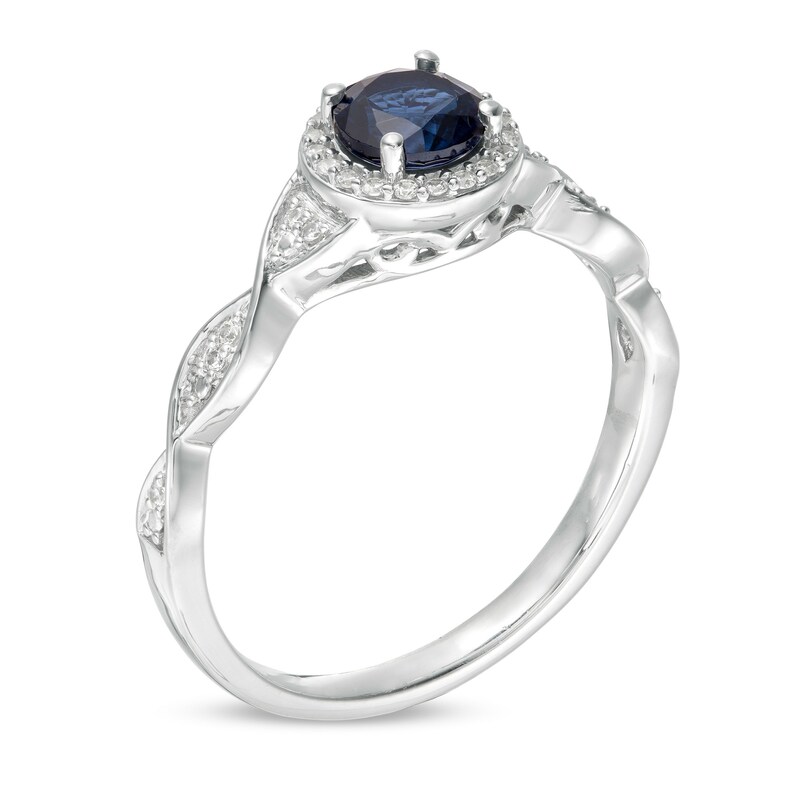 Main Image 3 of 5.0mm Lab-Created Blue Sapphire and 1/10 CT. T.W. Diamond Cascading Ring in Sterling Silver