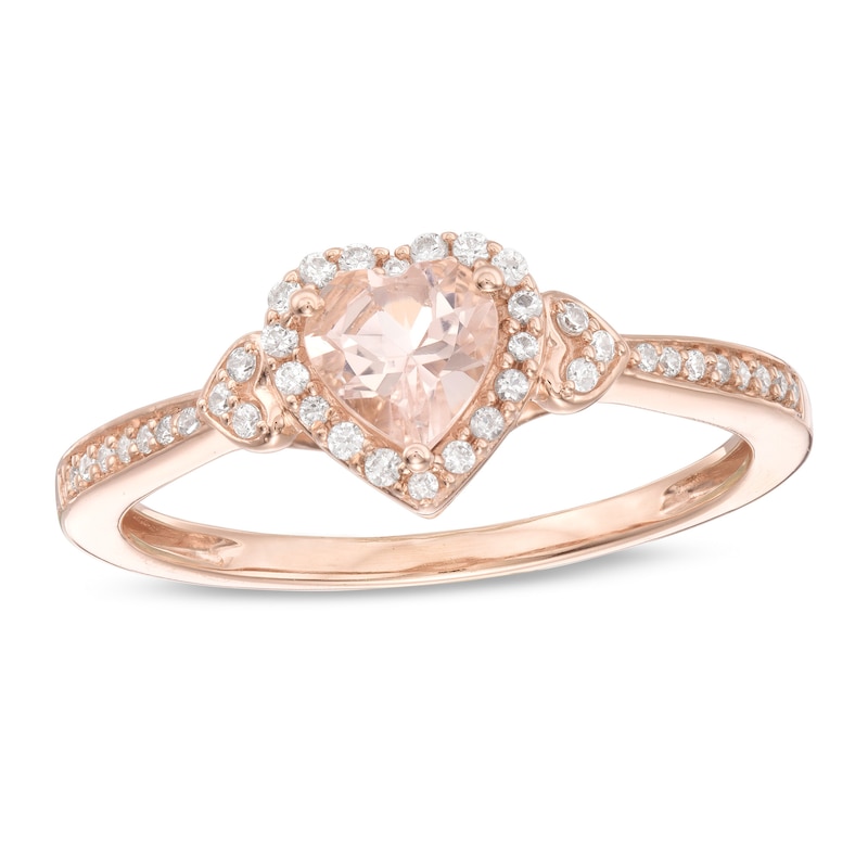 Main Image 1 of 5.0mm Heart-Shaped Morganite and 1/6 CT. T.W. Diamond Ring in 10K Rose Gold