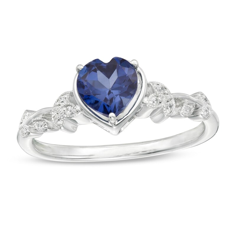 Main Image 1 of 6.0mm Heart-Shaped Lab-Created Blue Sapphire and 1/20 CT. T.W. Diamond Vine Vintage-Style Ring in 10K White Gold