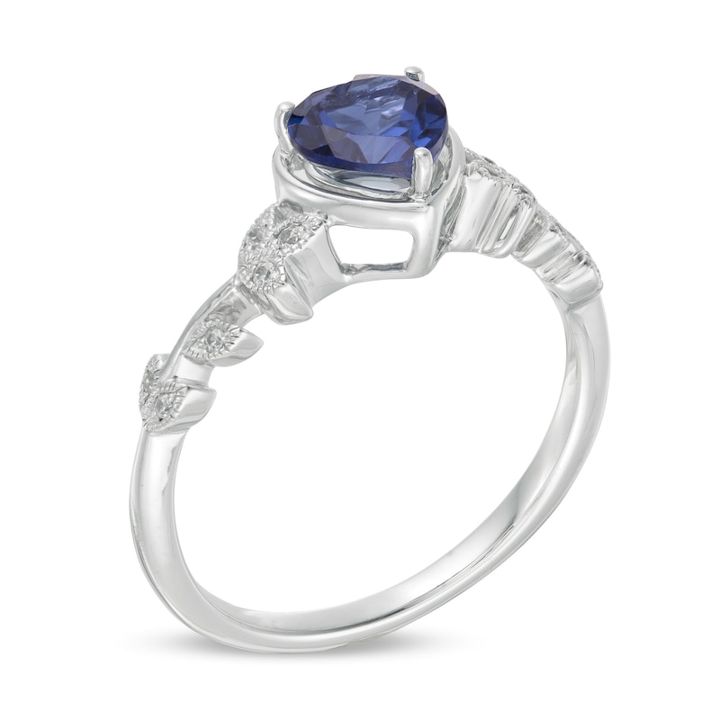 6.0mm Heart-Shaped Lab-Created Blue Sapphire and 1/20 CT. T.W. Diamond Vine Vintage-Style Ring in 10K White Gold