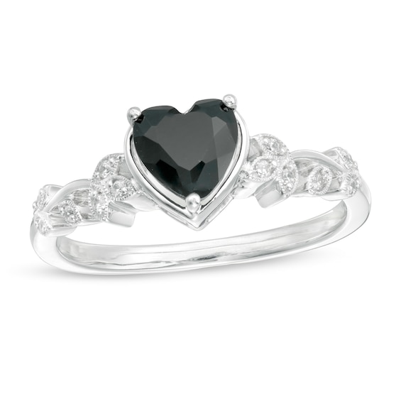 6.0mm Heart-Shaped Black Sapphire and 1/20 CT. T.w. Diamond Vine Vintage-Style Ring in 10K White Gold