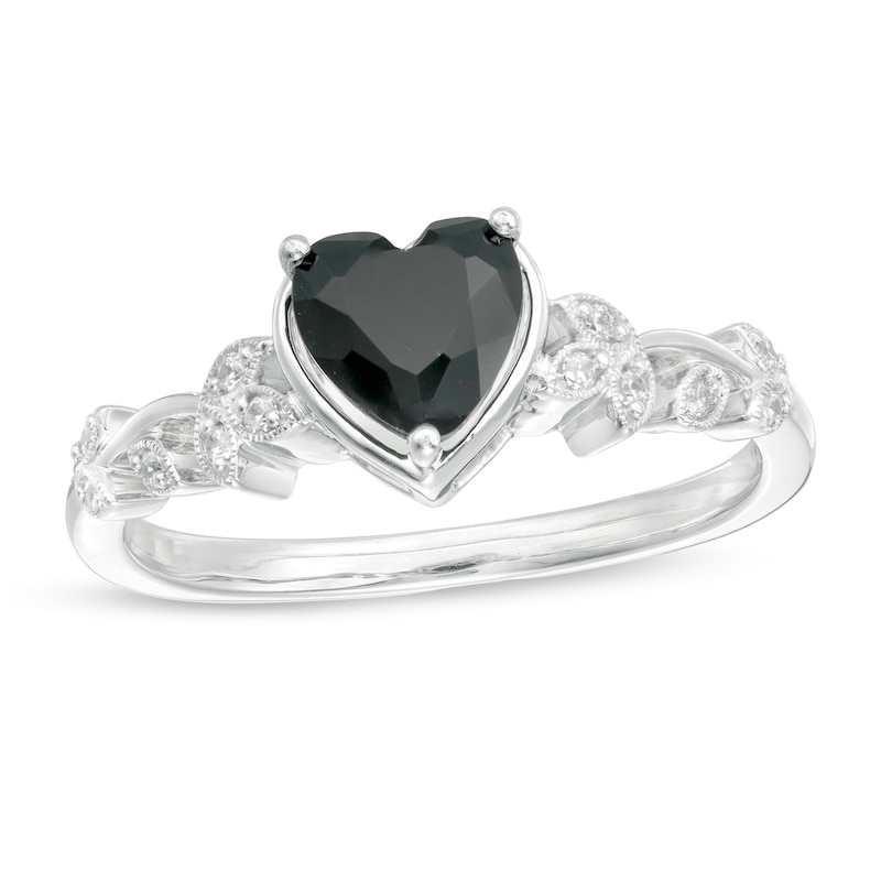 6.0mm Heart-Shaped Black Sapphire and 1/20 CT. T.W. Diamond Vine Vintage-Style Ring in 10K White Gold