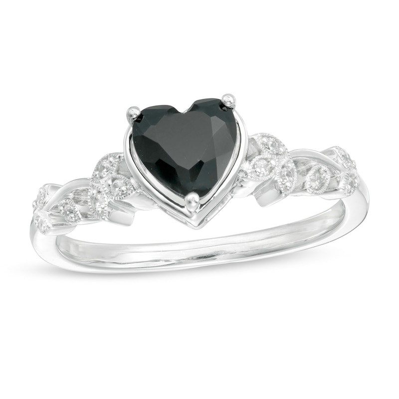 Main Image 1 of 6.0mm Heart-Shaped Black Sapphire and 1/20 CT. T.W. Diamond Vine Vintage-Style Ring in 10K White Gold