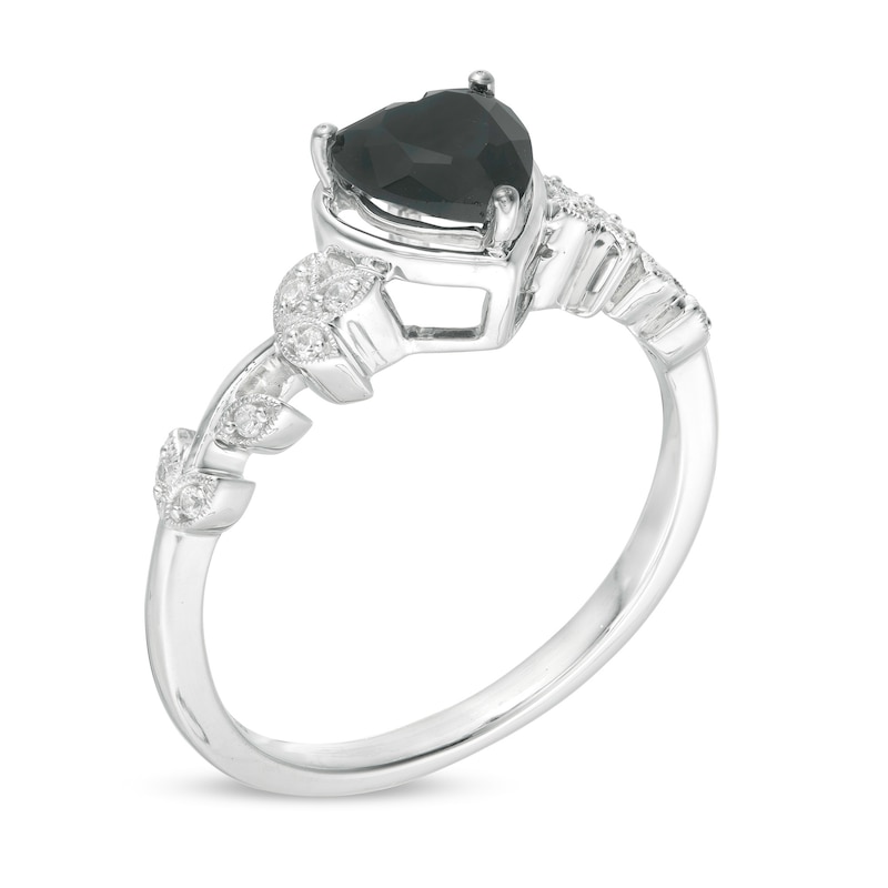 6.0mm Heart-Shaped Black Sapphire and 1/20 CT. T.W. Diamond Vine Vintage-Style Ring in 10K White Gold