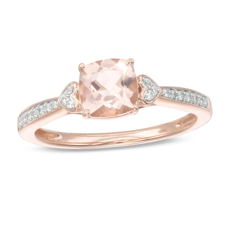 Main Image 1 of 6.0mm Cushion-Cut Morganite and 1/15 CT. T.W. Diamond Heart-Sides Ring in 10K Rose Gold