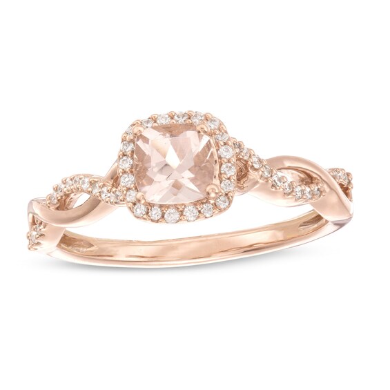 5.0mm Cushion-Cut Morganite and 1/6 CT. T.W. Diamond Cascading Twist Shank Ring in 10K Rose Gold 5.0mm Cushion-Cut Morganite and 1/6 CT. T.W. Diamond Cascading Twist Shank Ring in 10K Rose Gold