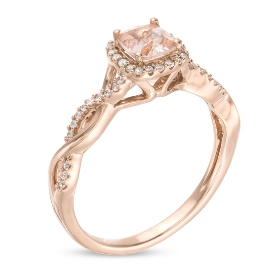 5.0mm Cushion-Cut Morganite and 1/6 CT. T.W. Diamond Cascading Twist Shank Ring in 10K Rose Gold 5.0mm Cushion-Cut Morganite and 1/6 CT. T.W. Diamond Cascading Twist Shank Ring in 10K Rose Gold