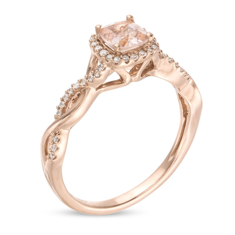5.0mm Cushion-Cut Morganite and 1/6 CT. T.W. Diamond Cascading Twist Shank Ring in 10K Rose Gold
