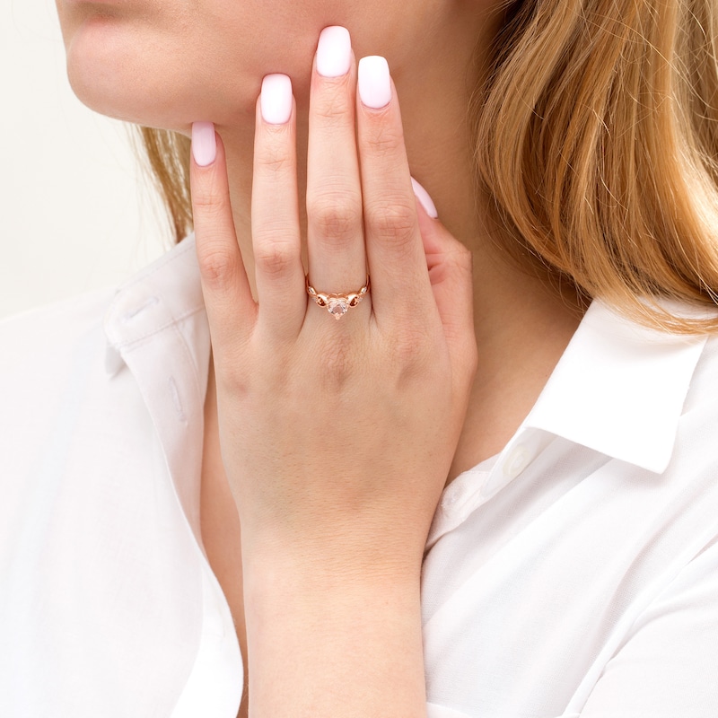 5.0mm Heart-Shaped Morganite and Diamond Accent Open Filigree Shank Ring in 10K Rose Gold