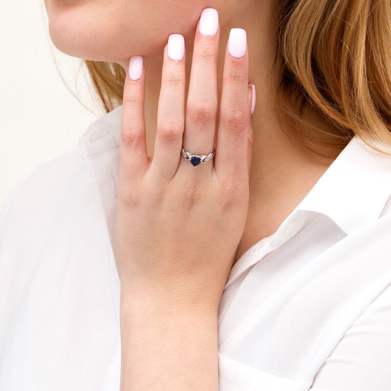 5.0mm Heart-Shaped Lab-Created Blue Sapphire and Diamond Accent Vintage-Style Filigree Ring in 10K White Gold