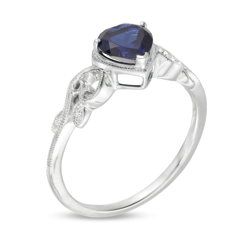 5.0mm Heart-Shaped Lab-Created Blue Sapphire and Diamond Accent Vintage-Style Filigree Ring in 10K White Gold