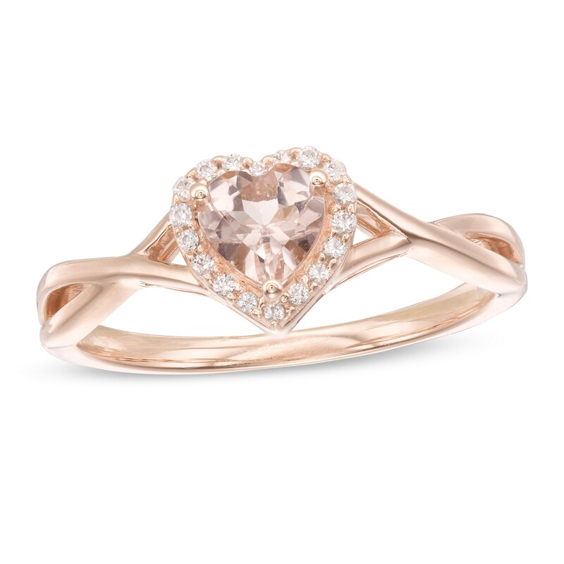 Main Image 1 of 5.0mm Heart-Shaped Morganite and 1/15 CT. T.W. Diamond Frame Open Crossover Ring in 10K Rose Gold