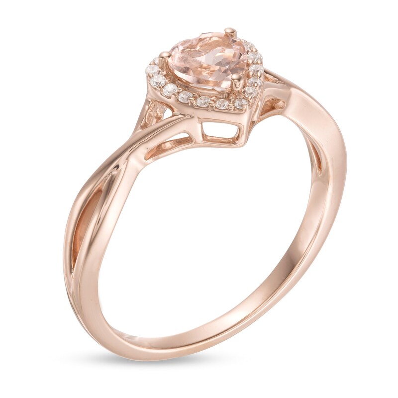 Main Image 3 of 5.0mm Heart-Shaped Morganite and 1/15 CT. T.W. Diamond Frame Open Crossover Ring in 10K Rose Gold