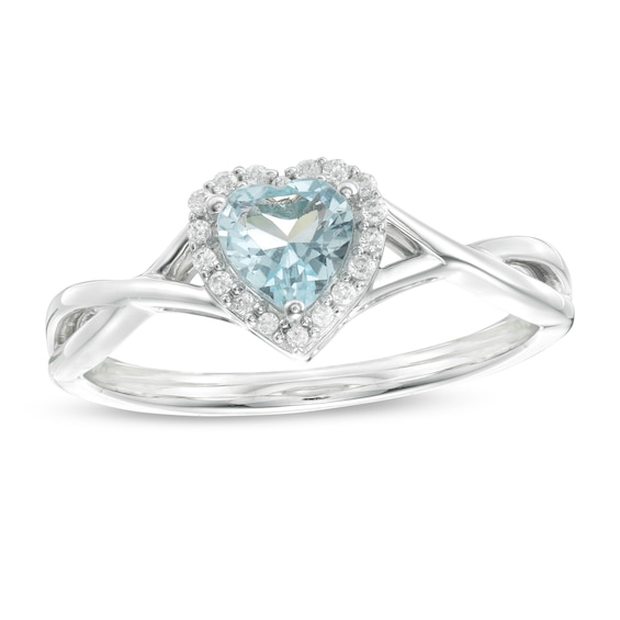 5.0mm Heart-Shaped Simulated Aquamarine and 0.067 CT. T.W. Diamond Frame Open Crossover Ring in 10K White Gold 5.0mm Heart-Shaped Simulated Aquamarine and 0.067 CT. T.W. Diamond Frame Open Crossover Ring in 10K White Gold