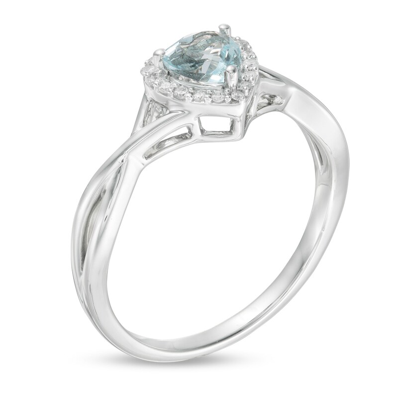 5.0mm Heart-Shaped Simulated Aquamarine and 0.067 CT. T.W. Diamond Frame Open Crossover Ring in 10K White Gold
