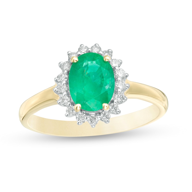 Main Image 1 of Oval Emerald and 1/5 CT. T.W. Diamond Starburst Frame Ring in 10K Gold