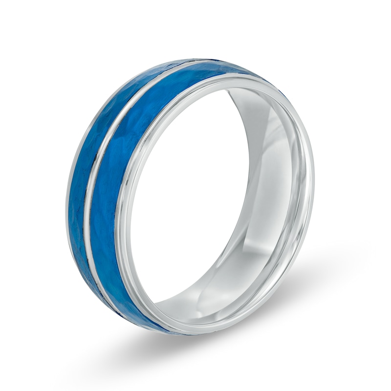 Men's 8.0mm Hammered Double Stripe Wedding Band in White and Blue IP Stainless Steel