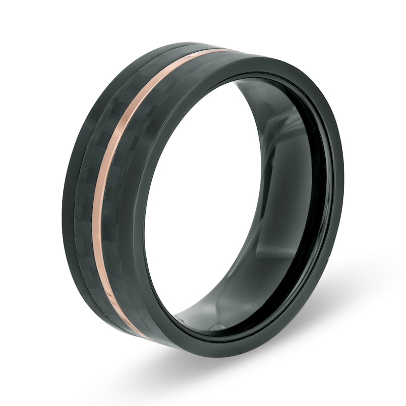 Men's 8.0mm Checker Pattern Grooved Wedding Band in Black and Rose IP Stainless Steel
