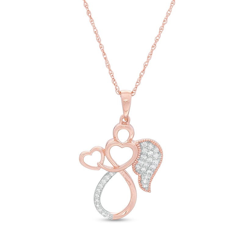 Main Image 1 of 1/10 CT. T.W. Diamond Outline Angel with Heart Vintage-Style Pendant in 10K Rose Gold