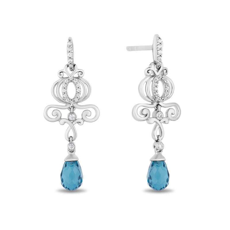 Main Image 1 of Enchanted Disney Cinderella Briolette London Blue Topaz and 1/10 CT. T.W. Diamond Drop Earrings in Sterling Silver
