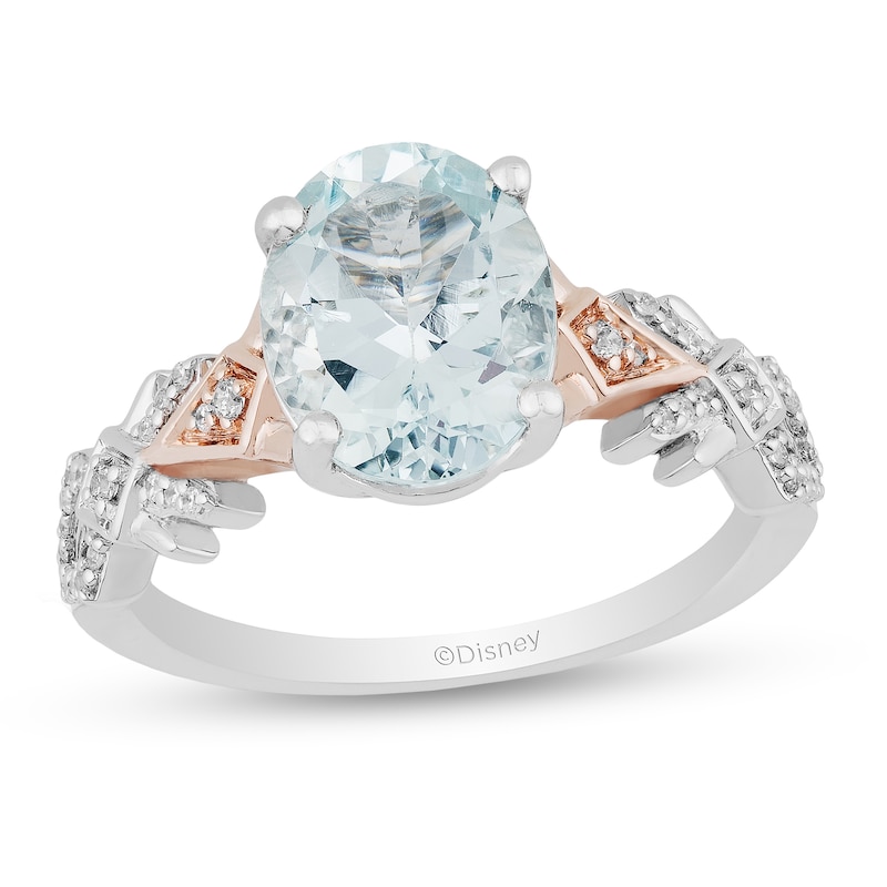 Enchanted Disney Elsa Oval Aquamarine and 1/6 CT. T.W. Diamond Art Deco Ring in 10K Two-Toned Gold
