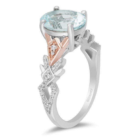Enchanted Disney Elsa Oval Aquamarine and 1/6 CT. T.w. Diamond Art Deco Ring in 10K Two-Toned Gold