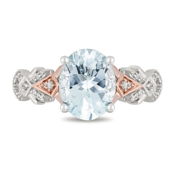 Enchanted Disney Elsa Oval Aquamarine and 1/6 CT. T.w. Diamond Art Deco Ring in 10K Two-Toned Gold