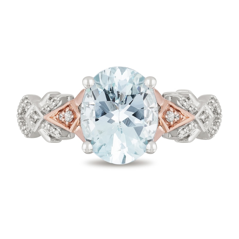 Enchanted Disney Elsa Oval Aquamarine and 1/6 CT. T.W. Diamond Art Deco Ring in 10K Two-Toned Gold