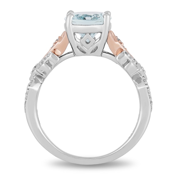 Enchanted Disney Elsa Oval Aquamarine and 1/6 CT. T.w. Diamond Art Deco Ring in 10K Two-Toned Gold