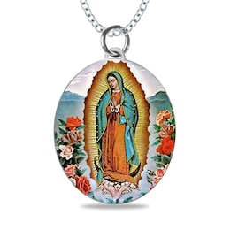 Engravable Enamel Our Lady of Guadalupe Oval Pendant in Sterling Silver (3 Lines)