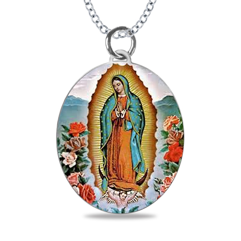 Engravable Enamel Our Lady of Guadalupe Oval Pendant in Sterling Silver (3 Lines)