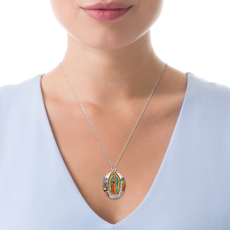 Engravable Enamel Our Lady of Guadalupe Oval Pendant in Sterling Silver (3 Lines)