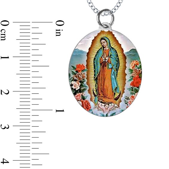 Engravable Enamel Our Lady of Guadalupe Oval Pendant in Sterling Silver (3 Lines)