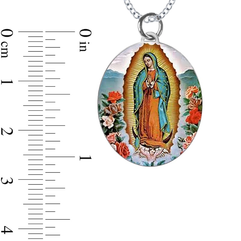 Engravable Enamel Our Lady of Guadalupe Oval Pendant in Sterling Silver (3 Lines)