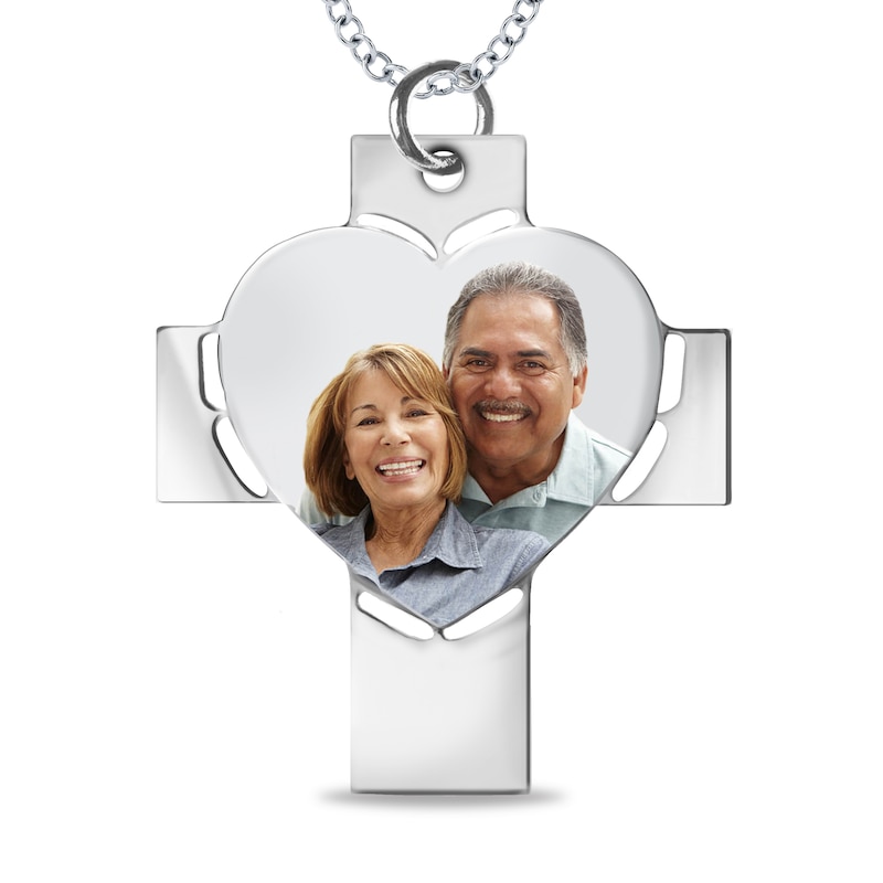 Engravable Photo Perforated Heart Cross Pendant in Sterling Silver (1 Image and 2 Lines)