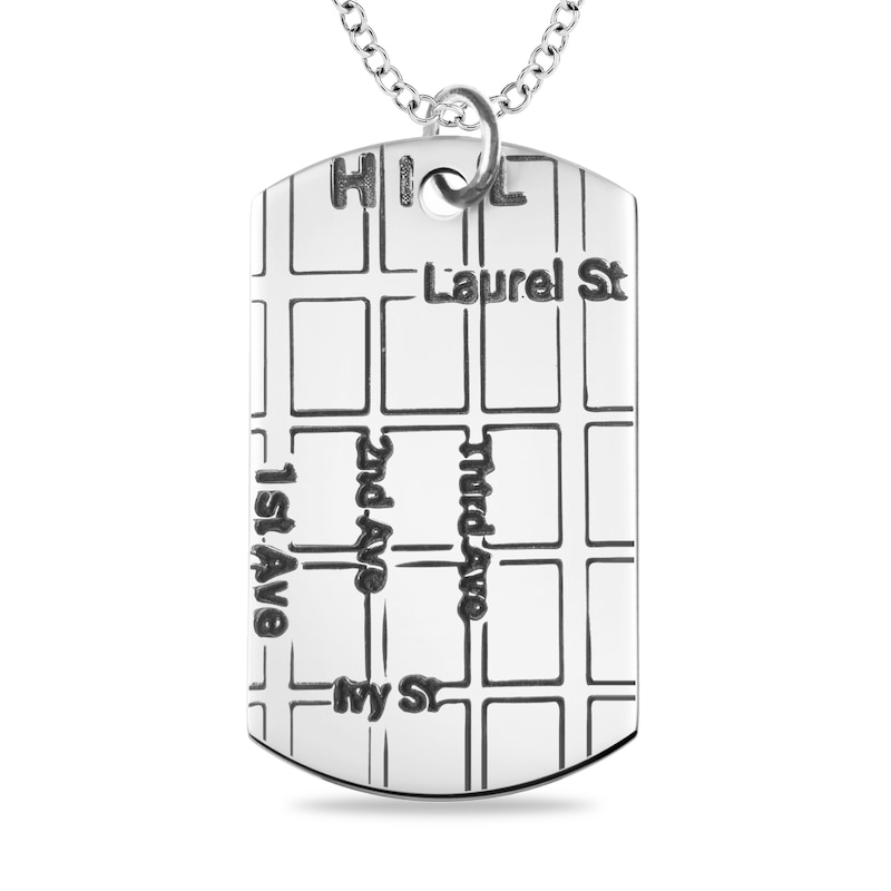 Engravable Map Dog Tag Pendant in Sterling Silver (1 Address and 4 Lines)